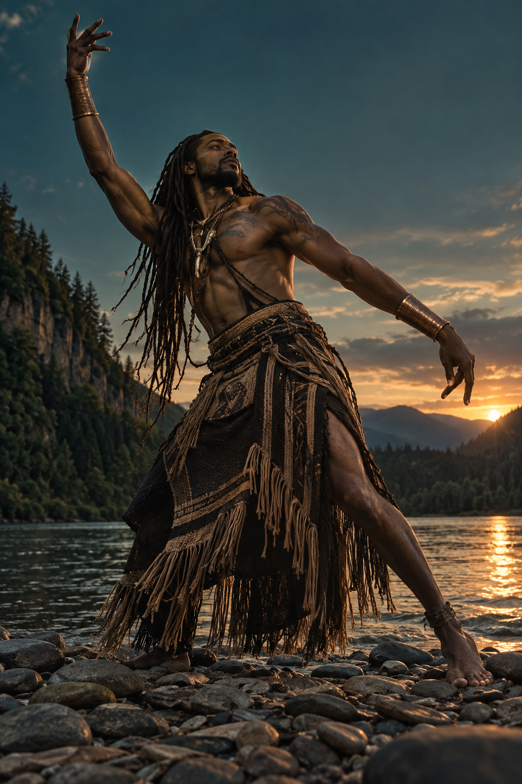 A dancer moving beside the river at dusk