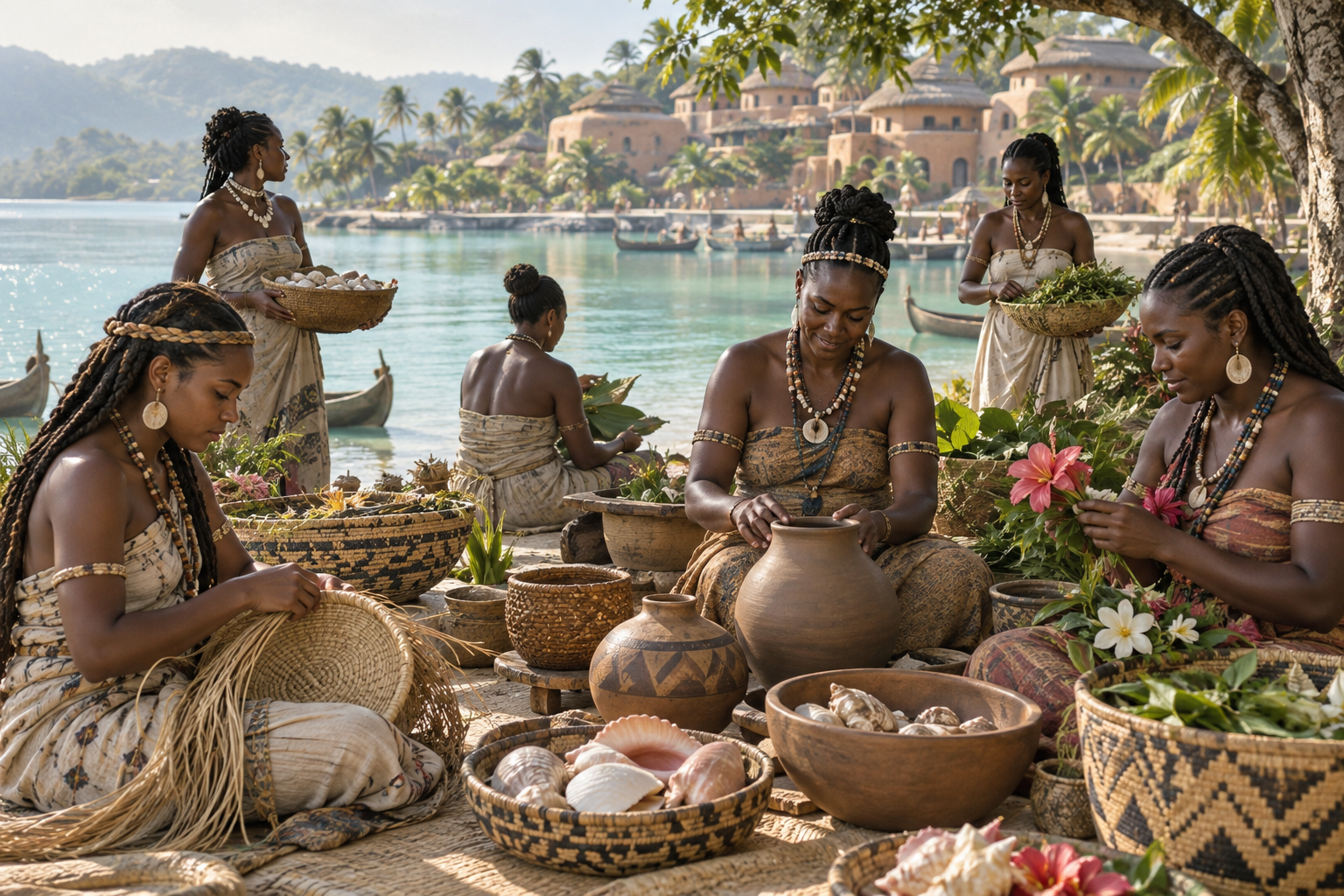 Women creating pottery and baskets beside a bay