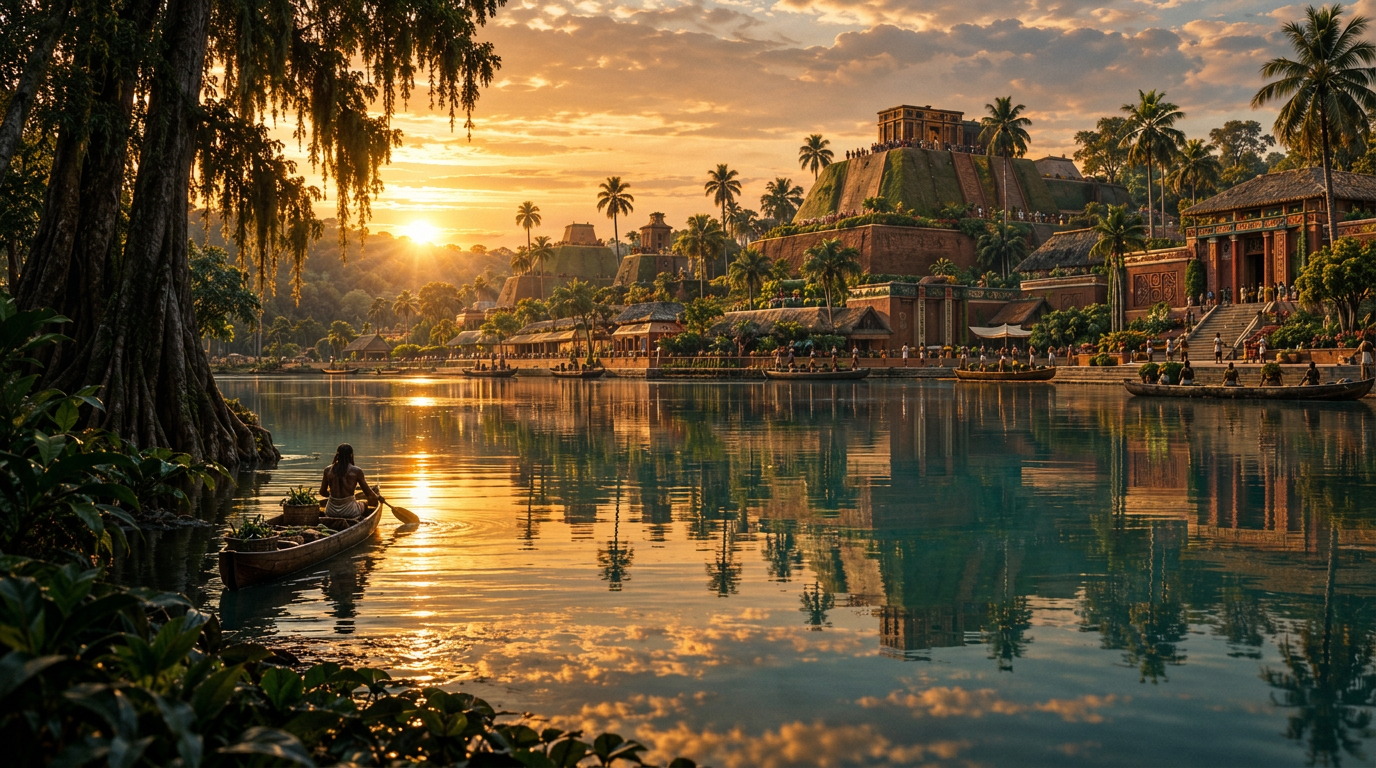 A grand river civilization illuminated at sunset